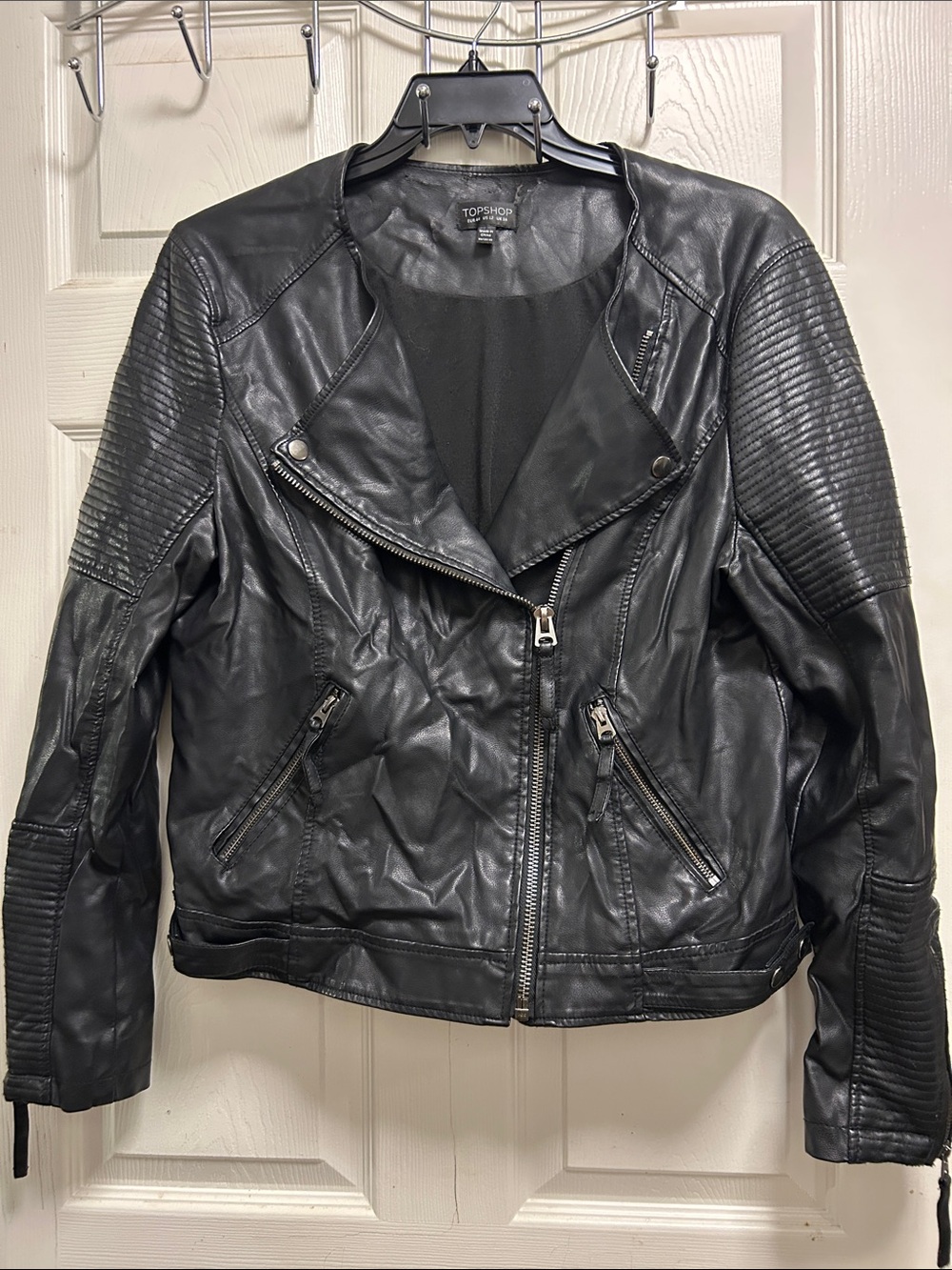 Topshop Black Faux Leather Quilted-Sleeve Moto Jacket
